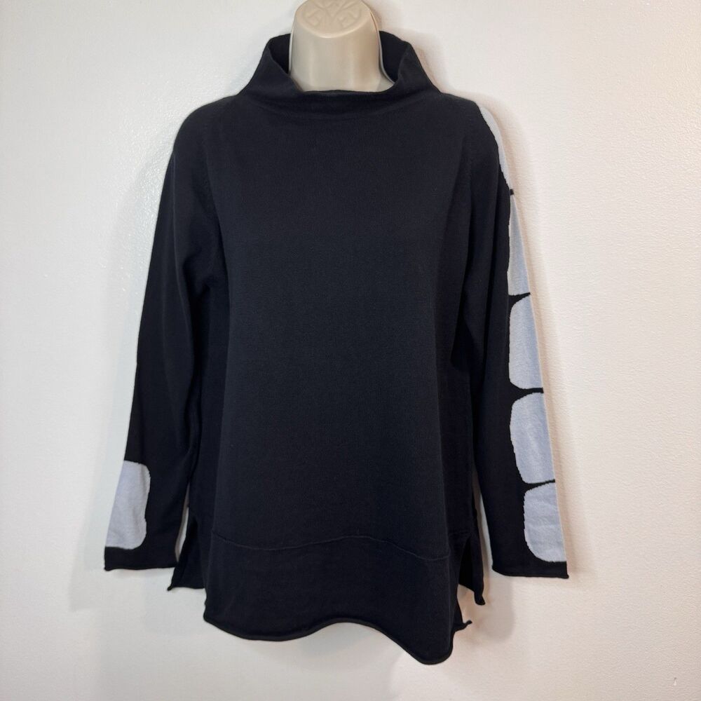 Lisa Todd Sweater Pullover L Black Gray Mock Neck Tunic Gray Cotton Cashmere